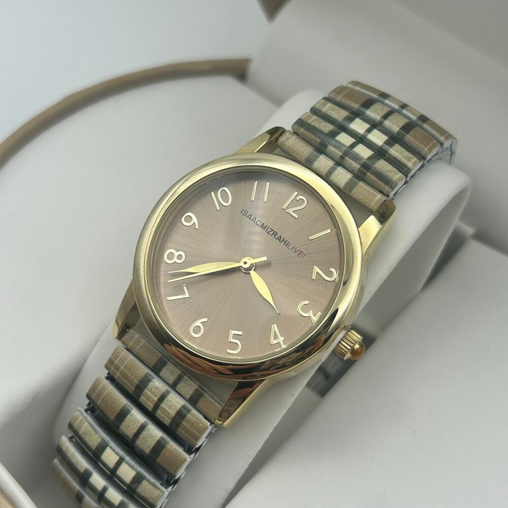 Isaac Mizrahi Live! Gold-tone Quart Watch Plaid Pattern Expansion Band Working